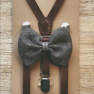 Gray burlap bow tie & leather suspenders